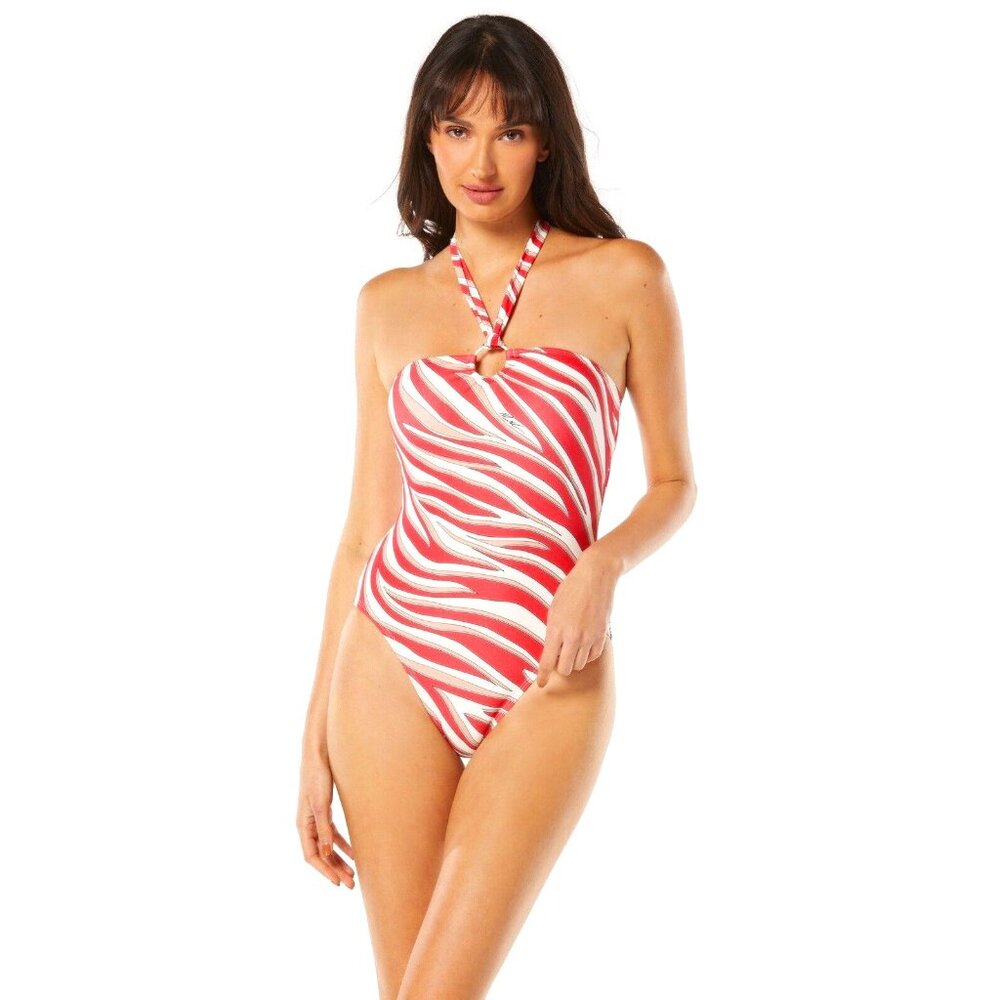 MICHAEL Michael Kors Logo Ring Halter One‎ Piece Swimsuit Mod Zebra 8 Geranium